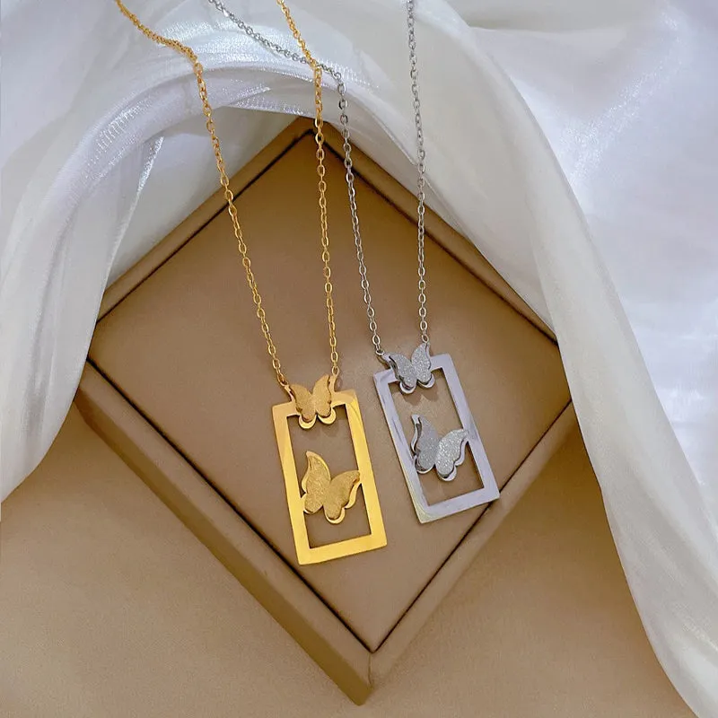 316L Stainless Steel 2-Color Geometric Hollow Butterfly Pendant Necklace For Women