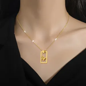 316L Stainless Steel 2-Color Geometric Hollow Butterfly Pendant Necklace For Women