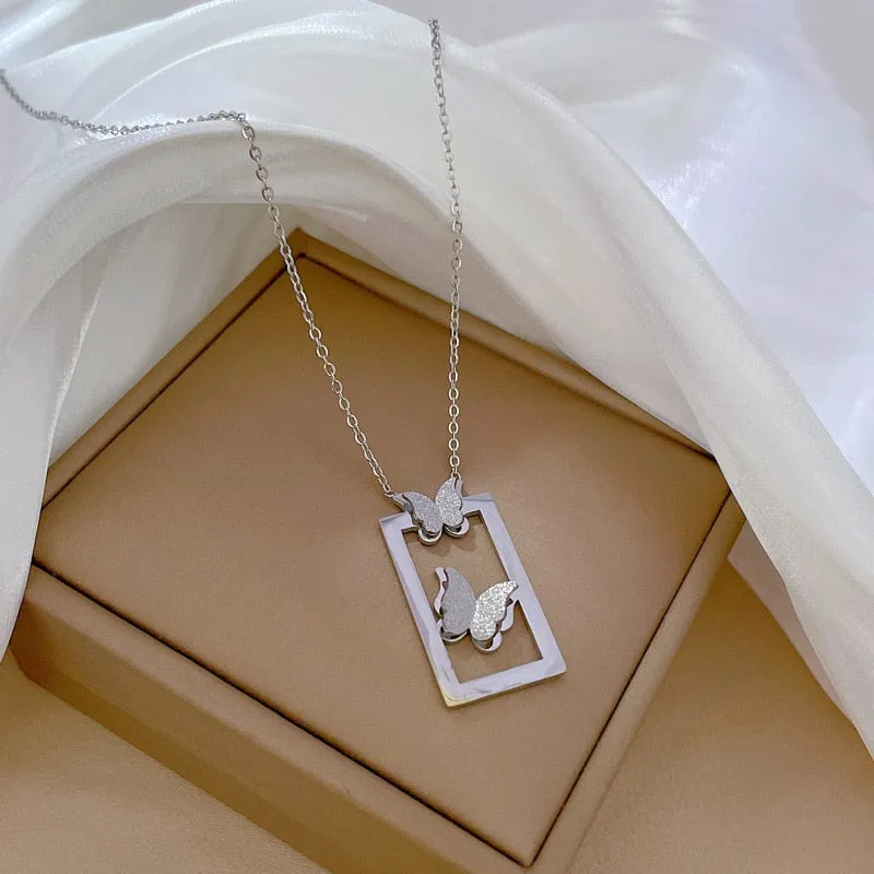 316L Stainless Steel 2-Color Geometric Hollow Butterfly Pendant Necklace For Women