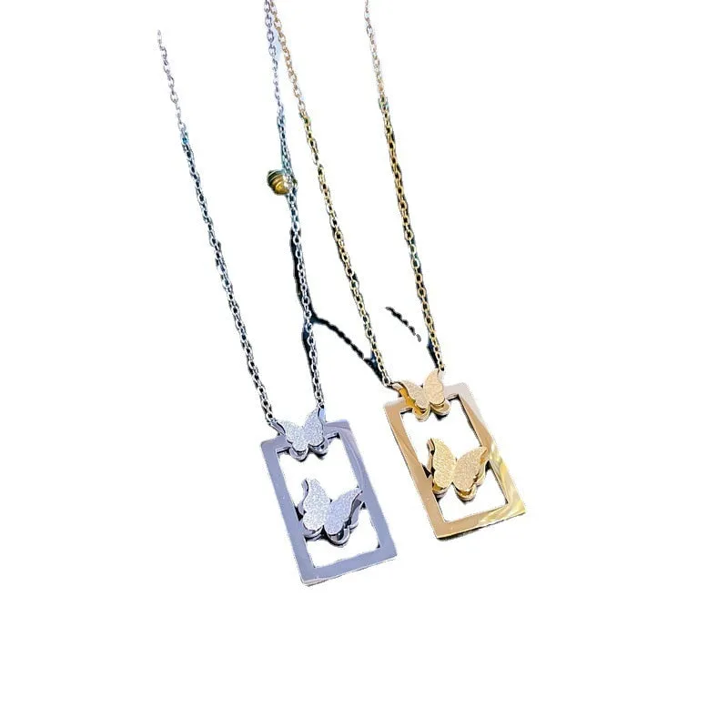 316L Stainless Steel 2-Color Geometric Hollow Butterfly Pendant Necklace For Women