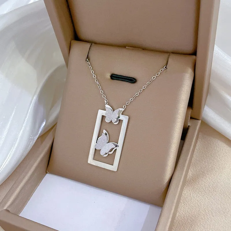 316L Stainless Steel 2-Color Geometric Hollow Butterfly Pendant Necklace For Women