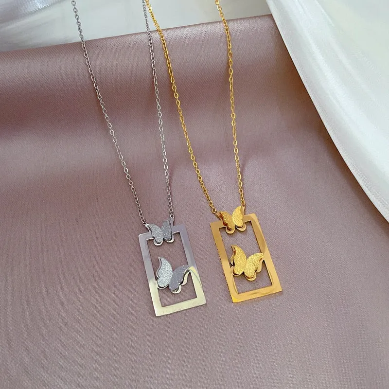 316L Stainless Steel 2-Color Geometric Hollow Butterfly Pendant Necklace For Women