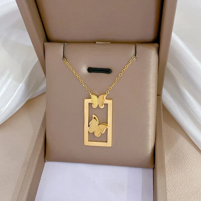 316L Stainless Steel 2-Color Geometric Hollow Butterfly Pendant Necklace For Women