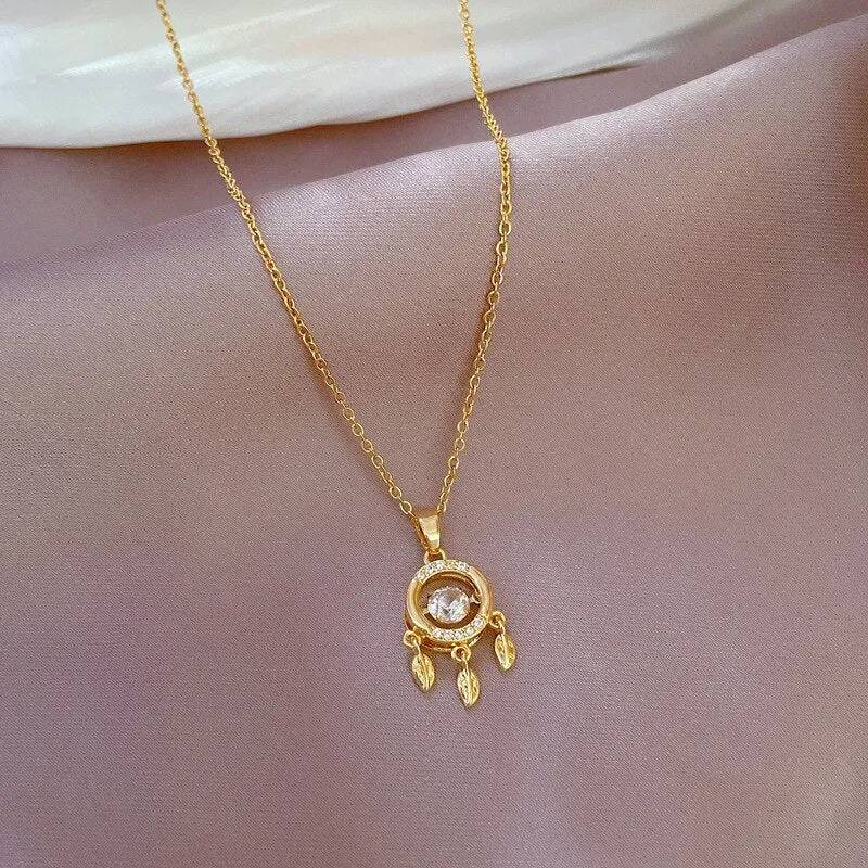 316L Stainless Steel Dream Catcher Feather Zircon Pendant Necklace For Women