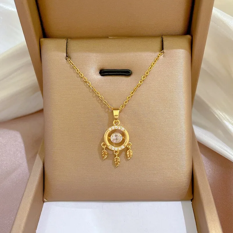 316L Stainless Steel Dream Catcher Feather Zircon Pendant Necklace For Women