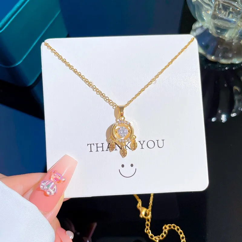316L Stainless Steel Dream Catcher Feather Zircon Pendant Necklace For Women