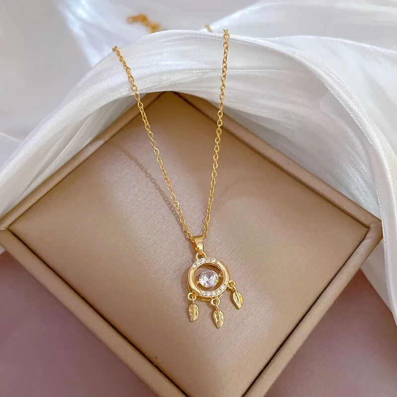 316L Stainless Steel Dream Catcher Feather Zircon Pendant Necklace For Women