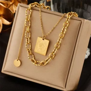 316L Stainless Steel Gold Color 2-Layer Square Coin Portrait Necklace For Women