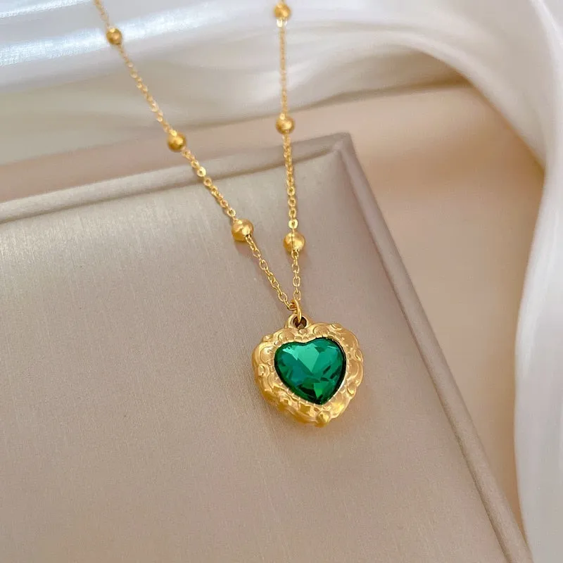 316L Stainless Steel Heart Green Crystal Pendant Necklace For Women