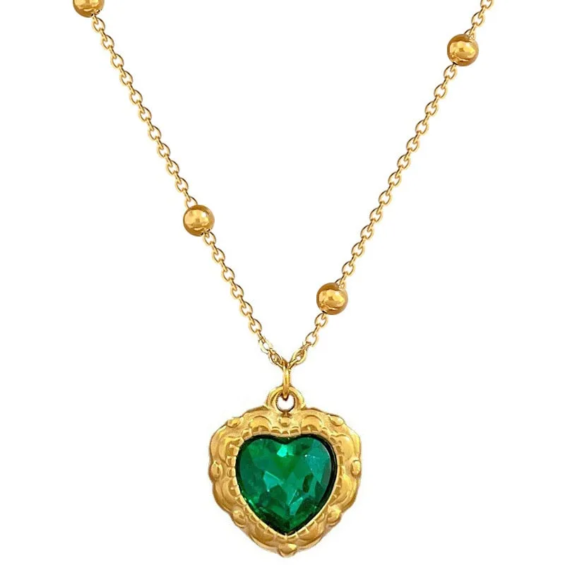 316L Stainless Steel Heart Green Crystal Pendant Necklace For Women