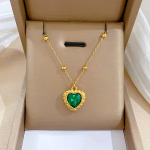 316L Stainless Steel Heart Green Crystal Pendant Necklace For Women