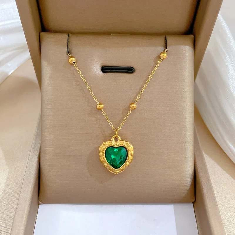 316L Stainless Steel Heart Green Crystal Pendant Necklace For Women