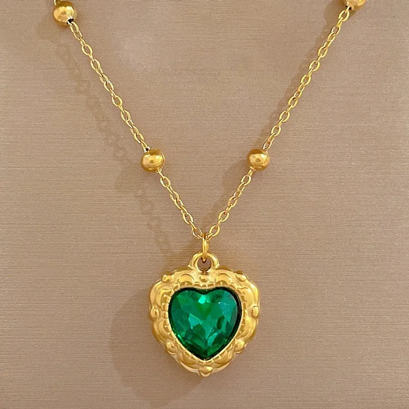 316L Stainless Steel Heart Green Crystal Pendant Necklace For Women