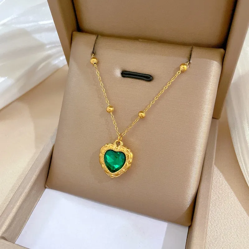 316L Stainless Steel Heart Green Crystal Pendant Necklace For Women