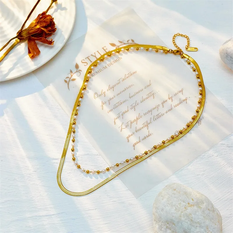 316L Stainless Steel Multilayer Snake Pearl Chains Necklace For Women