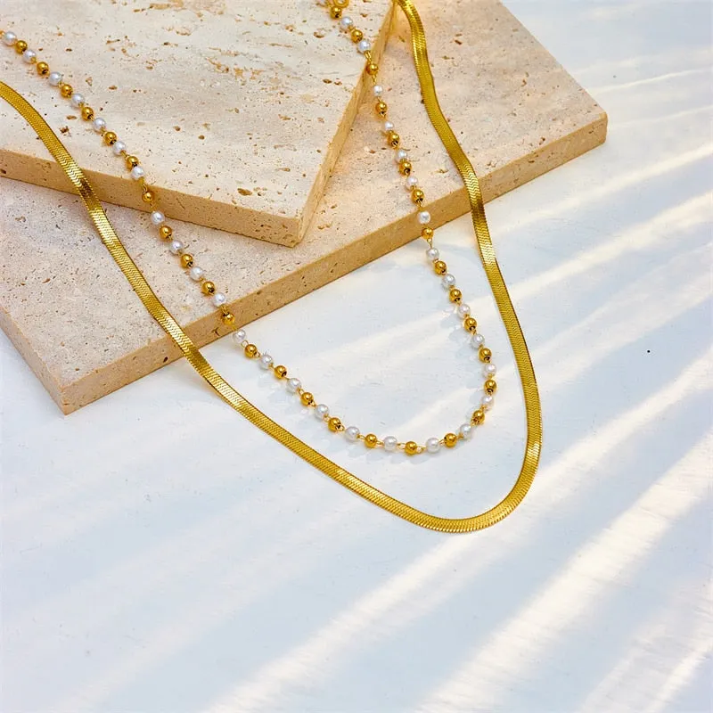 316L Stainless Steel Multilayer Snake Pearl Chains Necklace For Women