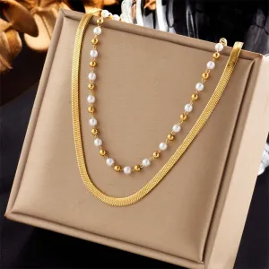 316L Stainless Steel Multilayer Snake Pearl Chains Necklace For Women