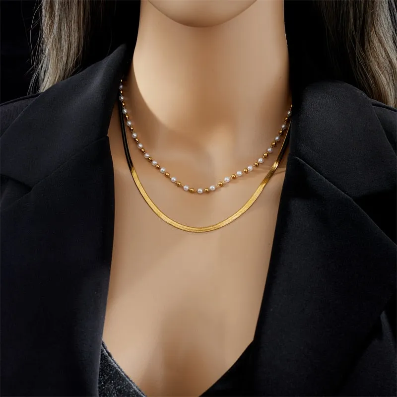 316L Stainless Steel Multilayer Snake Pearl Chains Necklace For Women