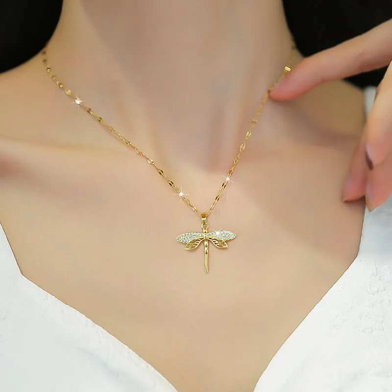 316L Stainless Steel Personality Dragonfly Pendant Necklace For Women