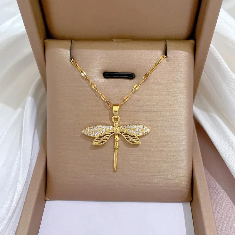 316L Stainless Steel Personality Dragonfly Pendant Necklace For Women
