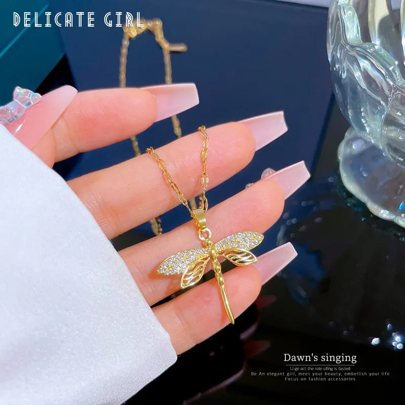 316L Stainless Steel Personality Dragonfly Pendant Necklace For Women