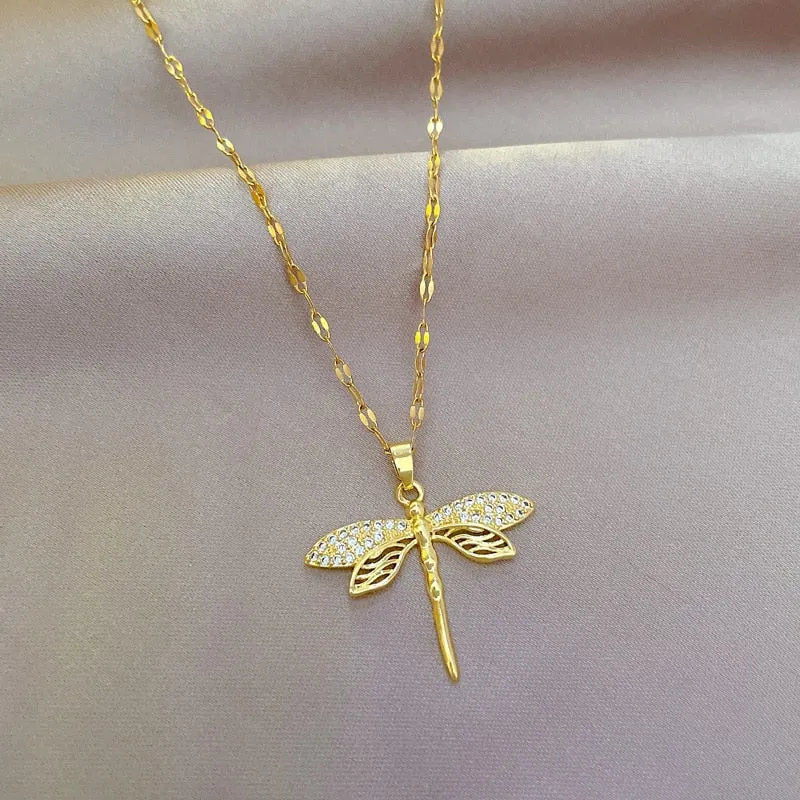 316L Stainless Steel Personality Dragonfly Pendant Necklace For Women