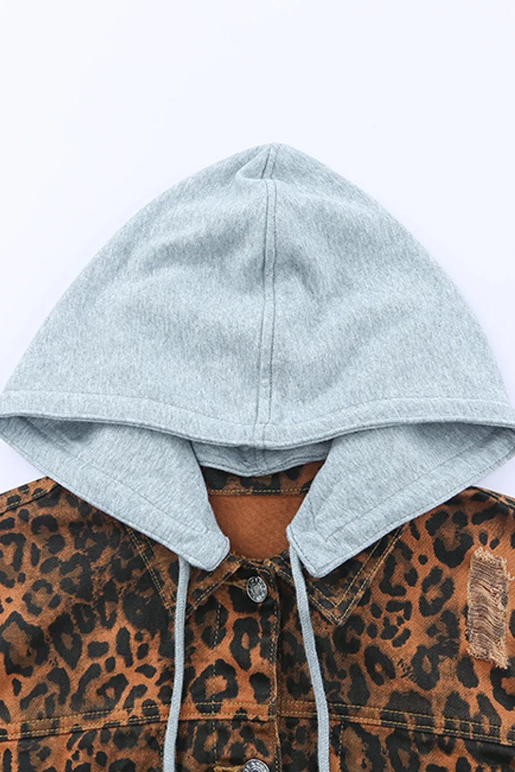 Brown Leopard Ripped Hooded Denim Jacket