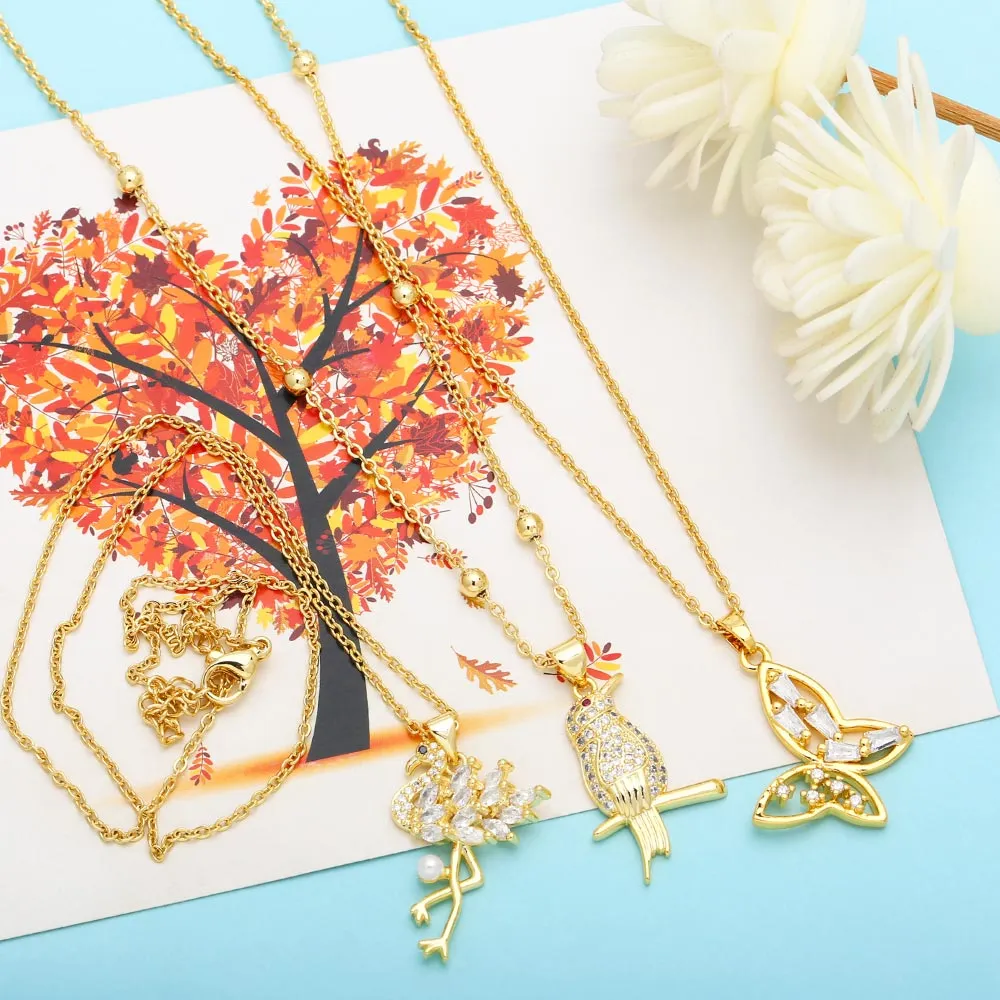 Copper Zircon Humming Bird Necklace for Women CZ Rhinestone Butterfly Necklaces