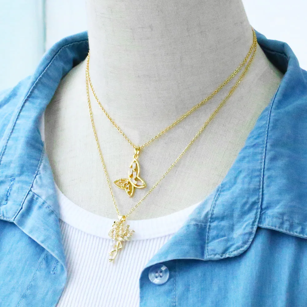Copper Zircon Humming Bird Necklace for Women CZ Rhinestone Butterfly Necklaces