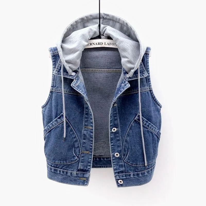 Denim Vest Women Short Hooded Pocket Sleeveless Jacket All-Matching Slim Look Tops Cardigan Outerwear