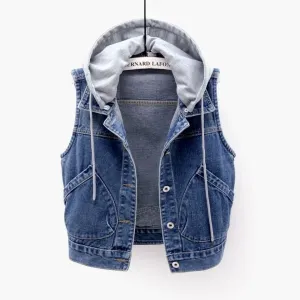 Denim Vest Women Short Hooded Pocket Sleeveless Jacket All-Matching Slim Look Tops Cardigan Outerwear