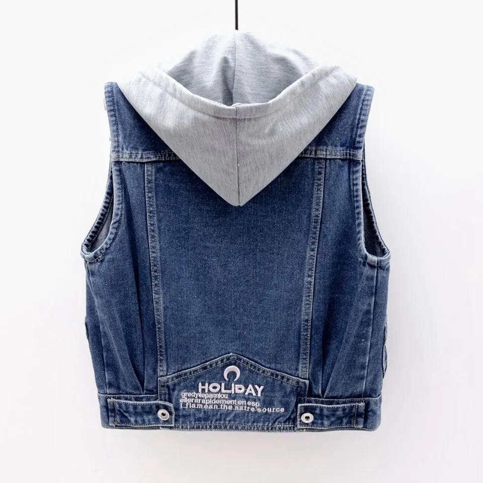 Denim Vest Women Short Hooded Pocket Sleeveless Jacket All-Matching Slim Look Tops Cardigan Outerwear
