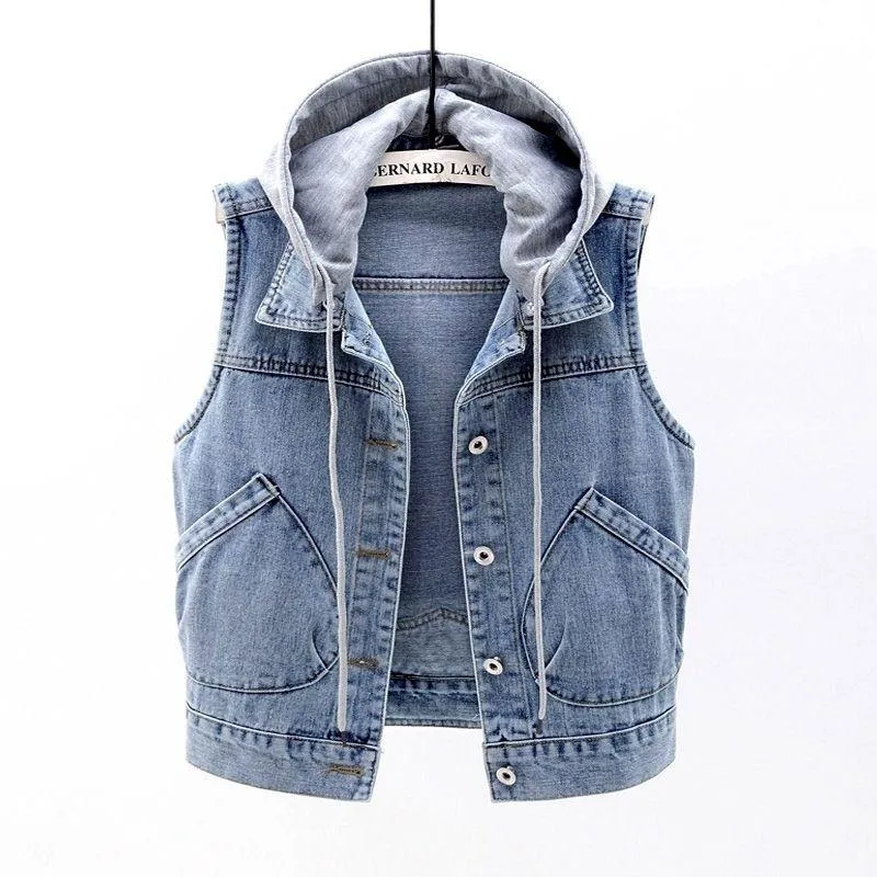 Denim Vest Women Short Hooded Pocket Sleeveless Jacket All-Matching Slim Look Tops Cardigan Outerwear