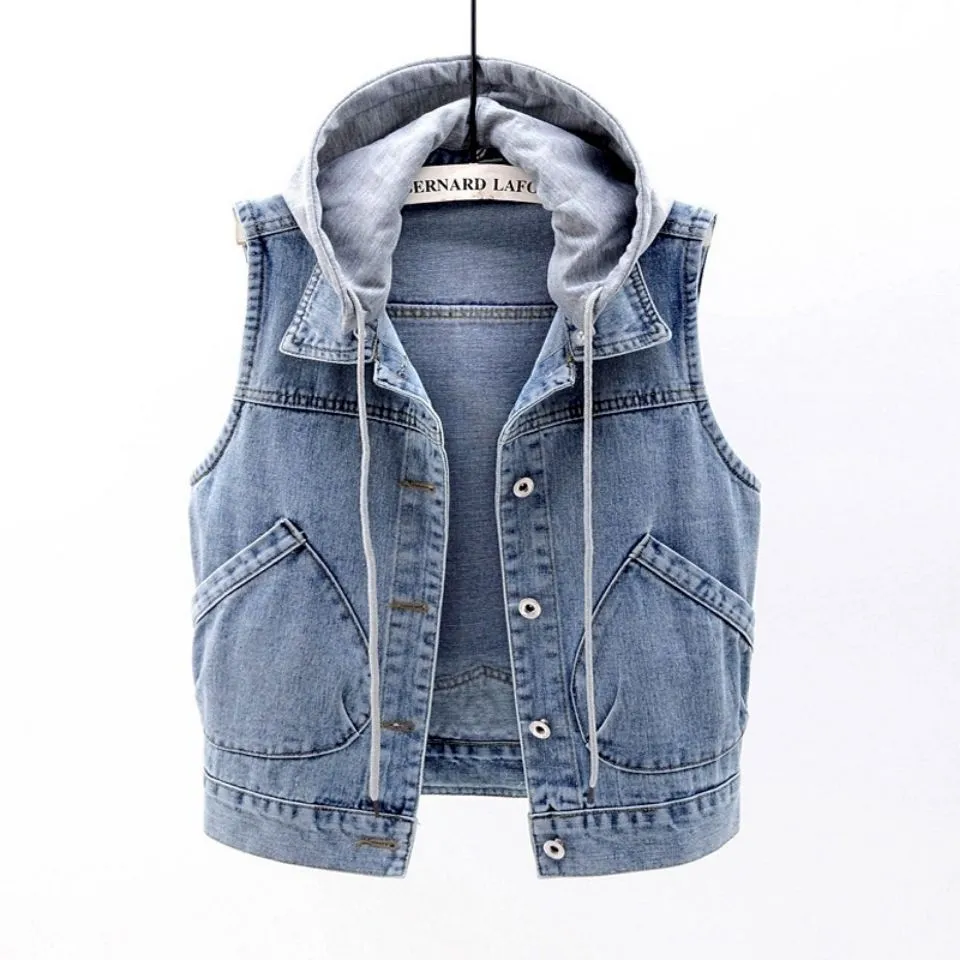 Denim Vest Women Short Hooded Pocket Sleeveless Jacket All-Matching Slim Look Tops Cardigan Outerwear