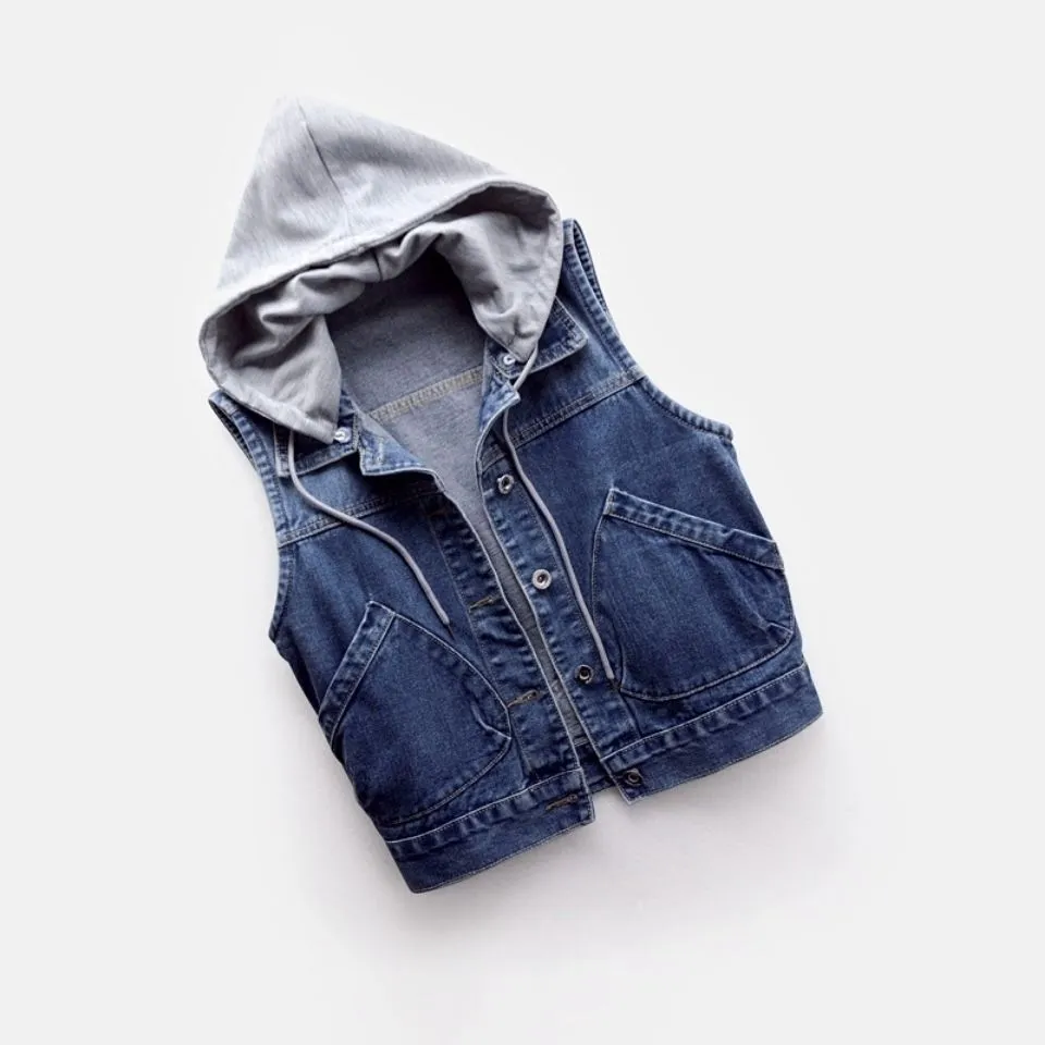 Denim Vest Women Short Hooded Pocket Sleeveless Jacket All-Matching Slim Look Tops Cardigan Outerwear