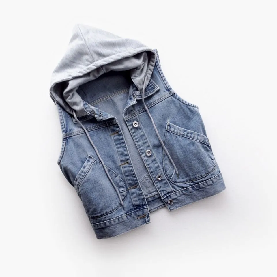 Denim Vest Women Short Hooded Pocket Sleeveless Jacket All-Matching Slim Look Tops Cardigan Outerwear