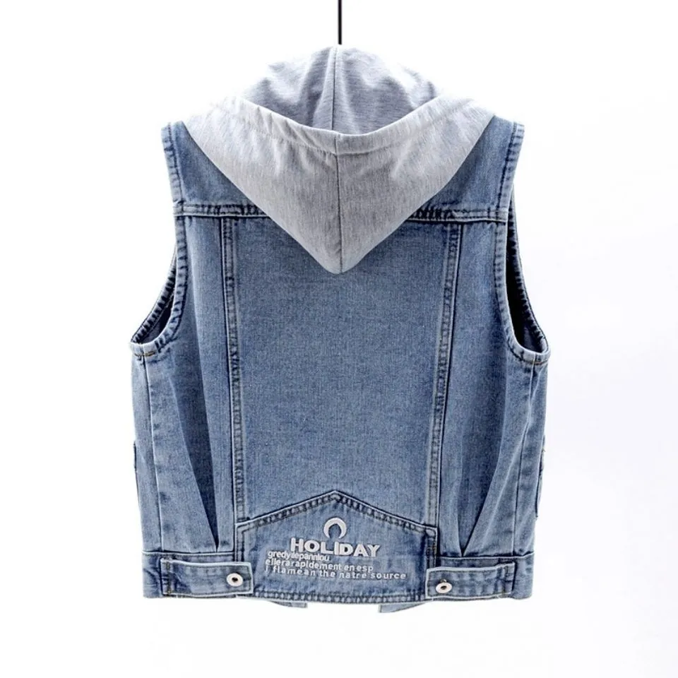 Denim Vest Women Short Hooded Pocket Sleeveless Jacket All-Matching Slim Look Tops Cardigan Outerwear