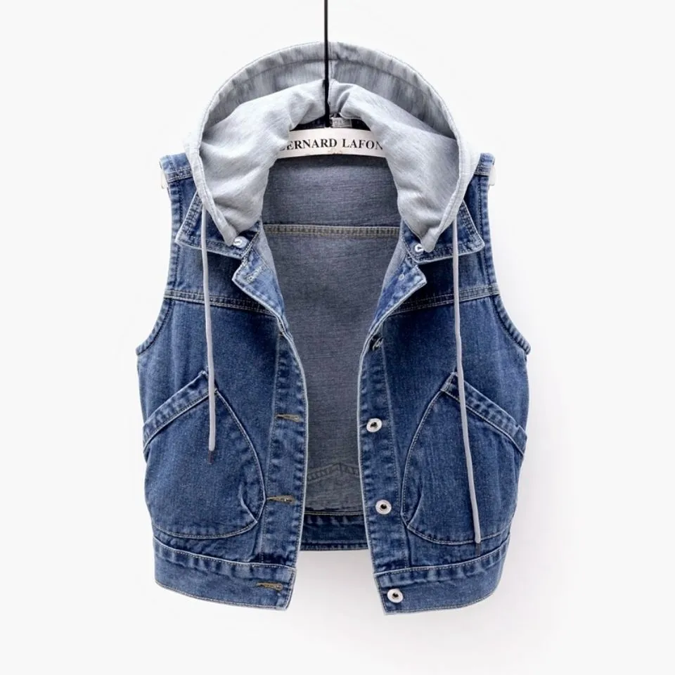 Denim Vest Women Short Hooded Pocket Sleeveless Jacket All-Matching Slim Look Tops Cardigan Outerwear