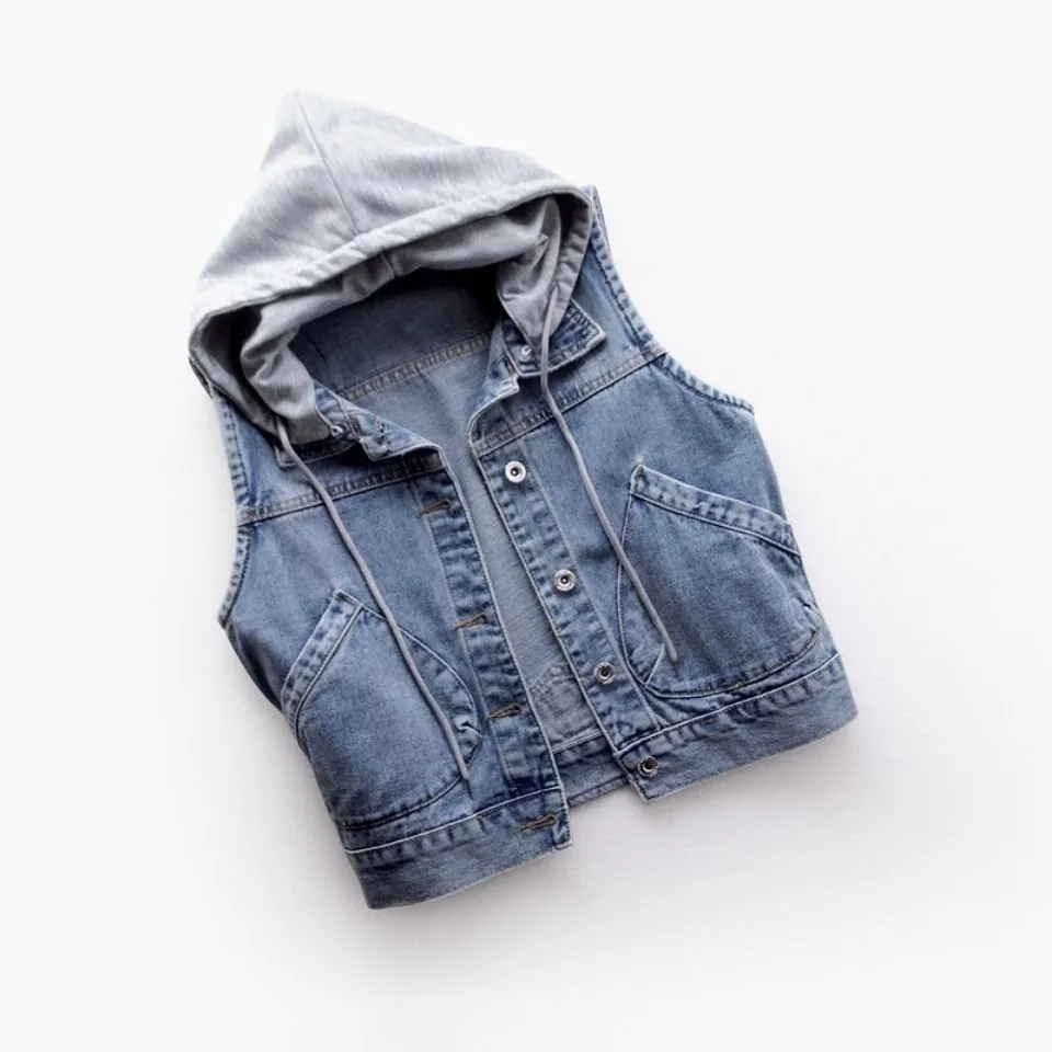 Denim Vest Women Short Hooded Pocket Sleeveless Jacket All-Matching Slim Look Tops Cardigan Outerwear
