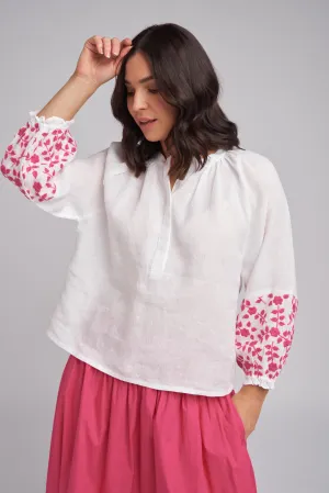 Embroidered Sleeve Linen Blouse White/Fuchsia