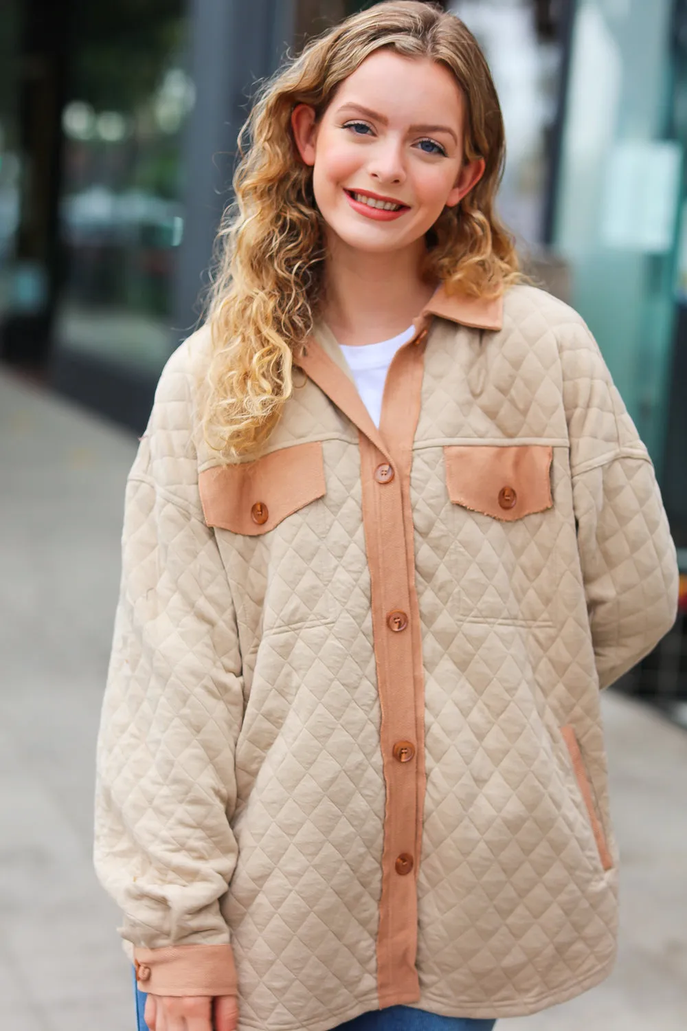 Haptics Taupe Quilted Knit Button Down Shacket