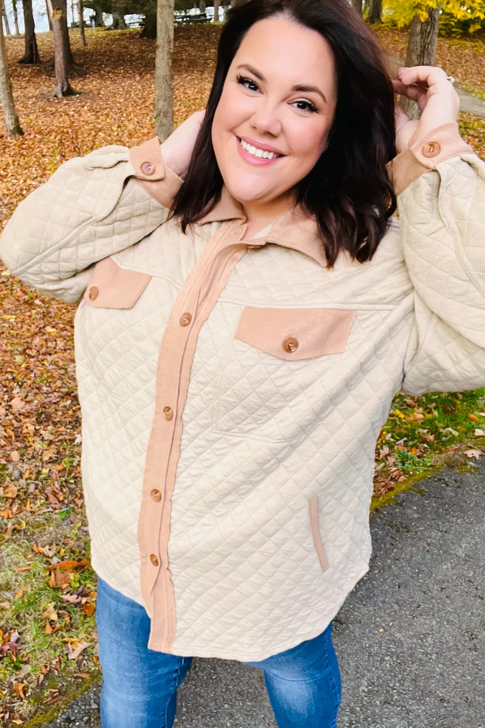 Haptics Taupe Quilted Knit Button Down Shacket