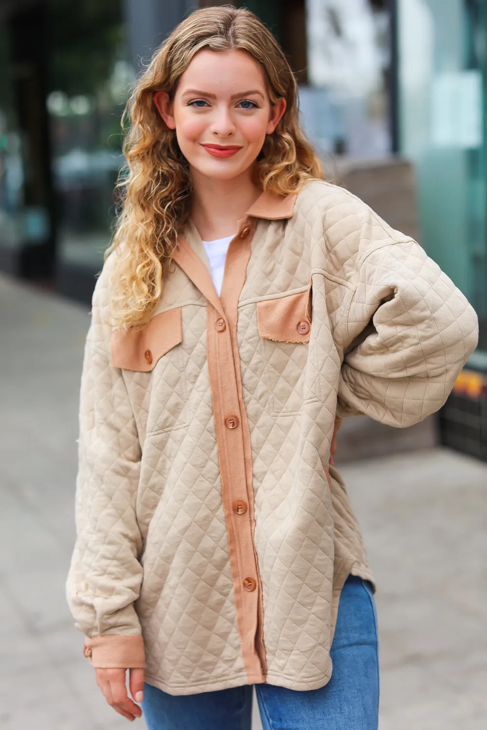 Haptics Taupe Quilted Knit Button Down Shacket