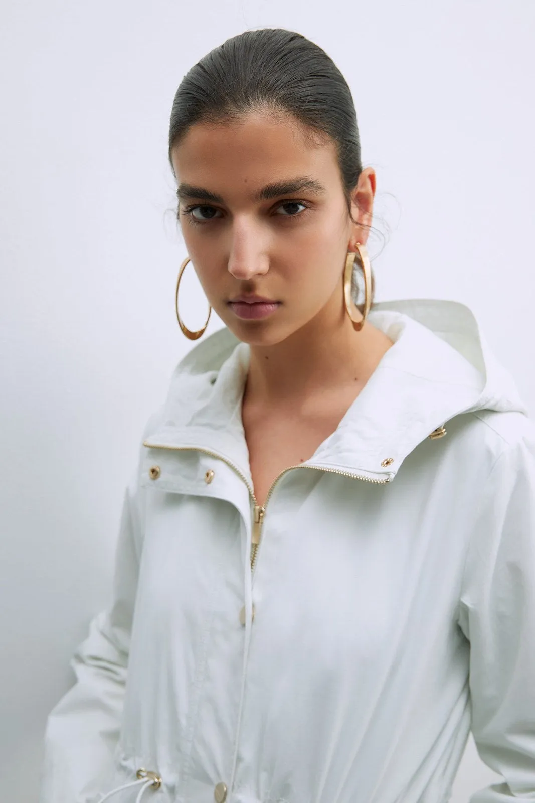 Hooded Parka W Snitched Waist - White