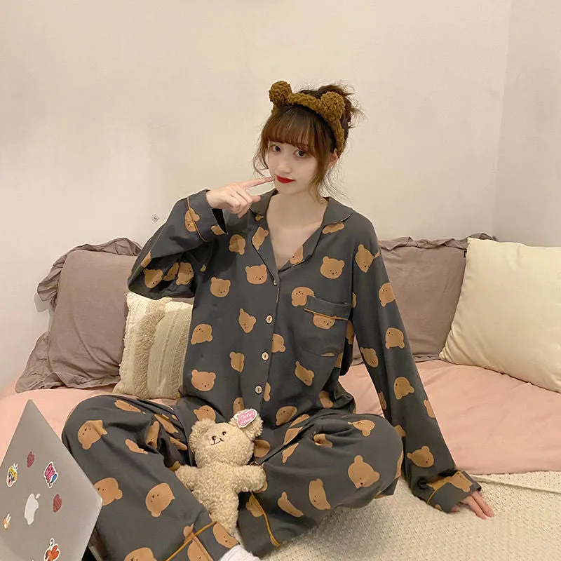 insPajamas Women Korean Sweet Look Adorable Popular Long Sleeved Cardigan Teens Casual Pants Loungewear Sets Sleepwear