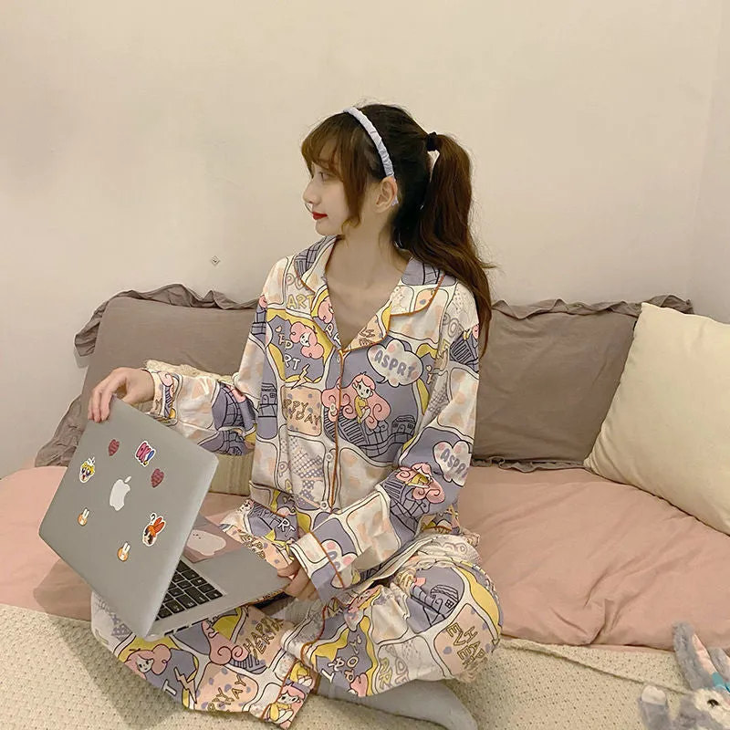 insPajamas Women Korean Sweet Look Adorable Popular Long Sleeved Cardigan Teens Casual Pants Loungewear Sets Sleepwear