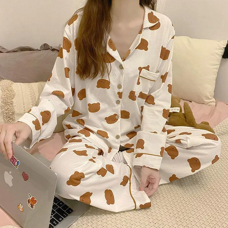insPajamas Women Korean Sweet Look Adorable Popular Long Sleeved Cardigan Teens Casual Pants Loungewear Sets Sleepwear