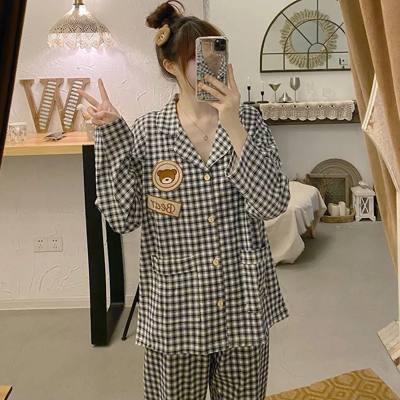 insPajamas Women Korean Sweet Look Adorable Popular Long Sleeved Cardigan Teens Casual Pants Loungewear Sets Sleepwear