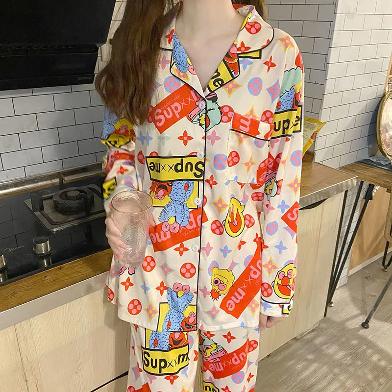 insPajamas Women Korean Sweet Look Adorable Popular Long Sleeved Cardigan Teens Casual Pants Loungewear Sets Sleepwear