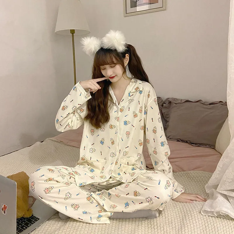 insPajamas Women Korean Sweet Look Adorable Popular Long Sleeved Cardigan Teens Casual Pants Loungewear Sets Sleepwear